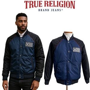 True Religion Men’s Bomber Varsity Jacket Quilted Nylon Navy Black Streetwear M